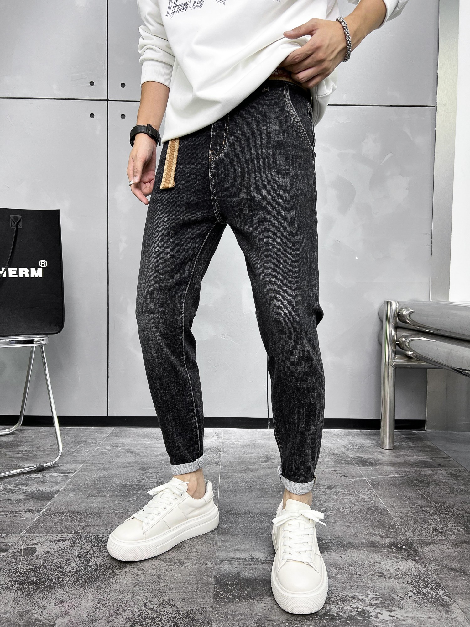 北】孤品牛仔默认瑕疵宽松休闲工作服秋冬牛仔直筒休闲裤子男士