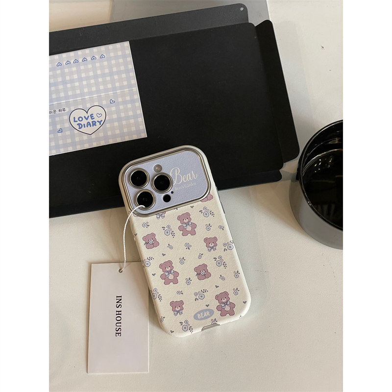 适用苹果系列iPhone15小众贴皮14pro蓝色碎花小熊13p新款12手机壳