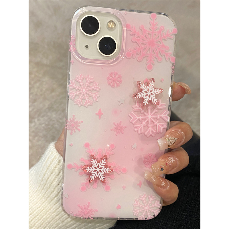 少女粉雪花立体适用iPhone15promax苹果14手机壳13新款12双层软
