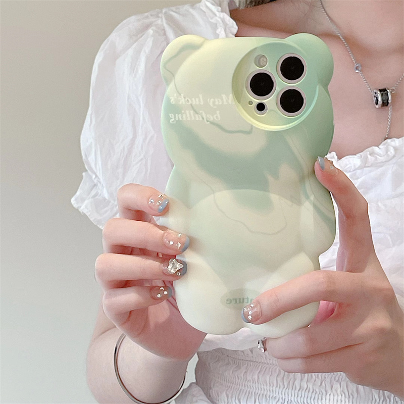 适用苹果系列iPhone14可爱韩风XS/XR绿色晕染13/11小熊12手机软壳