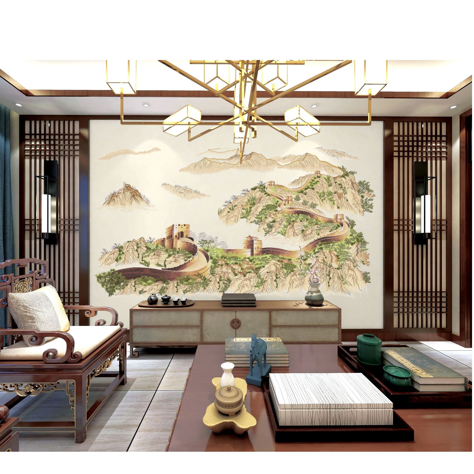 万里长城刺绣背景墙 独绣 沙发背景 客厅背景 办公室背景 茶室