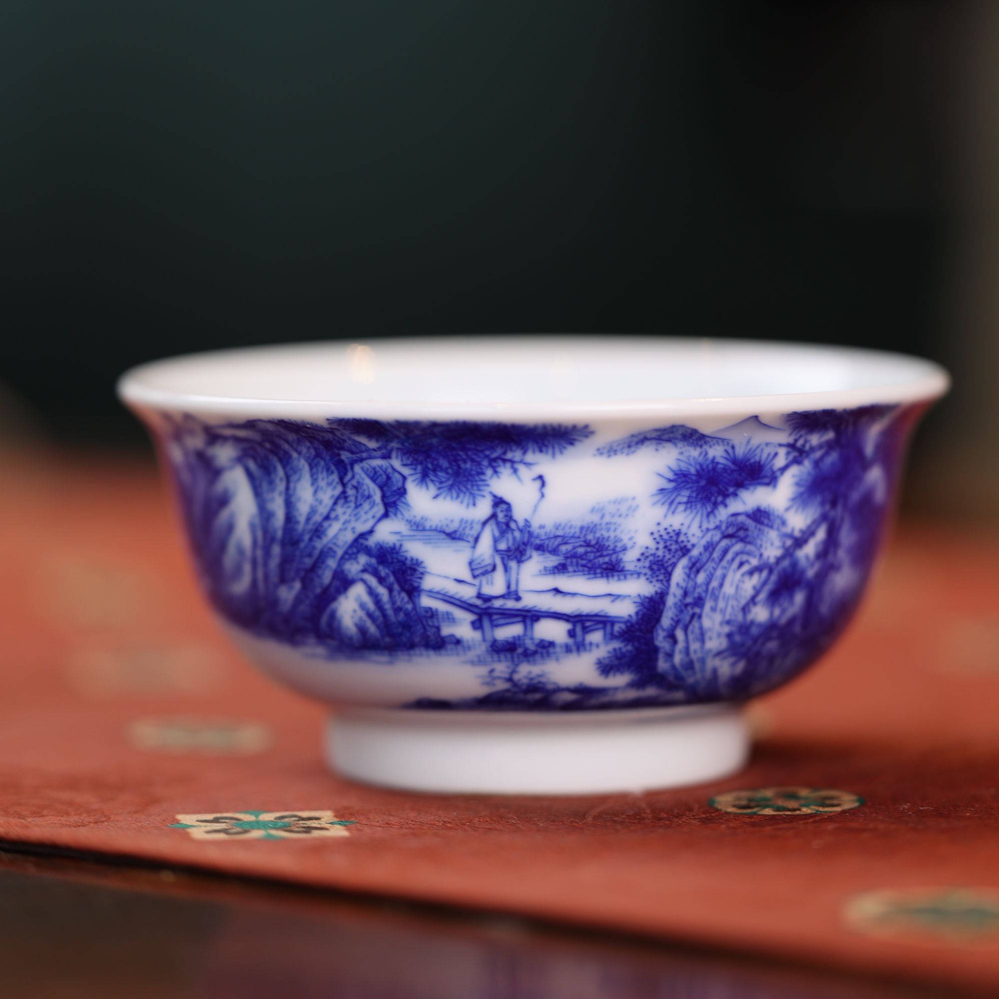 【春风祥玉】仿清青花山水人物炉式杯 主人杯 手绘 名窑 纯手工花纹