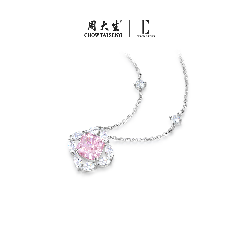 坠链均925银合成锆石 周大生DC幸运时刻银项链套链吊坠