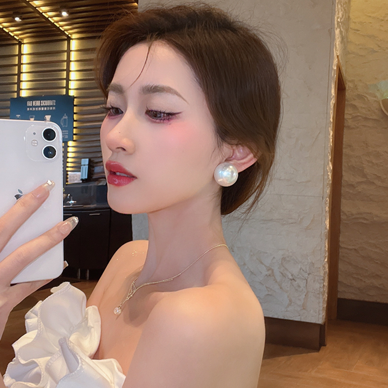 超大颗珍|珠耳钉女S925纯银冷淡风夸张耳环耳饰百搭ins