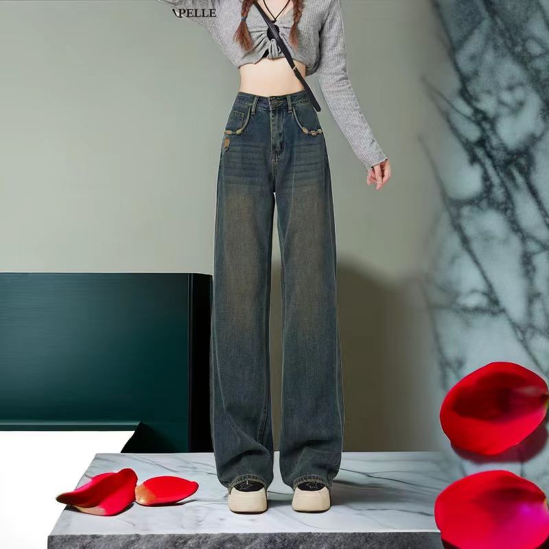 2023秋季新时尚洋气设计感窄版复古阔腿牛仔裤女气质高腰拖地长裤