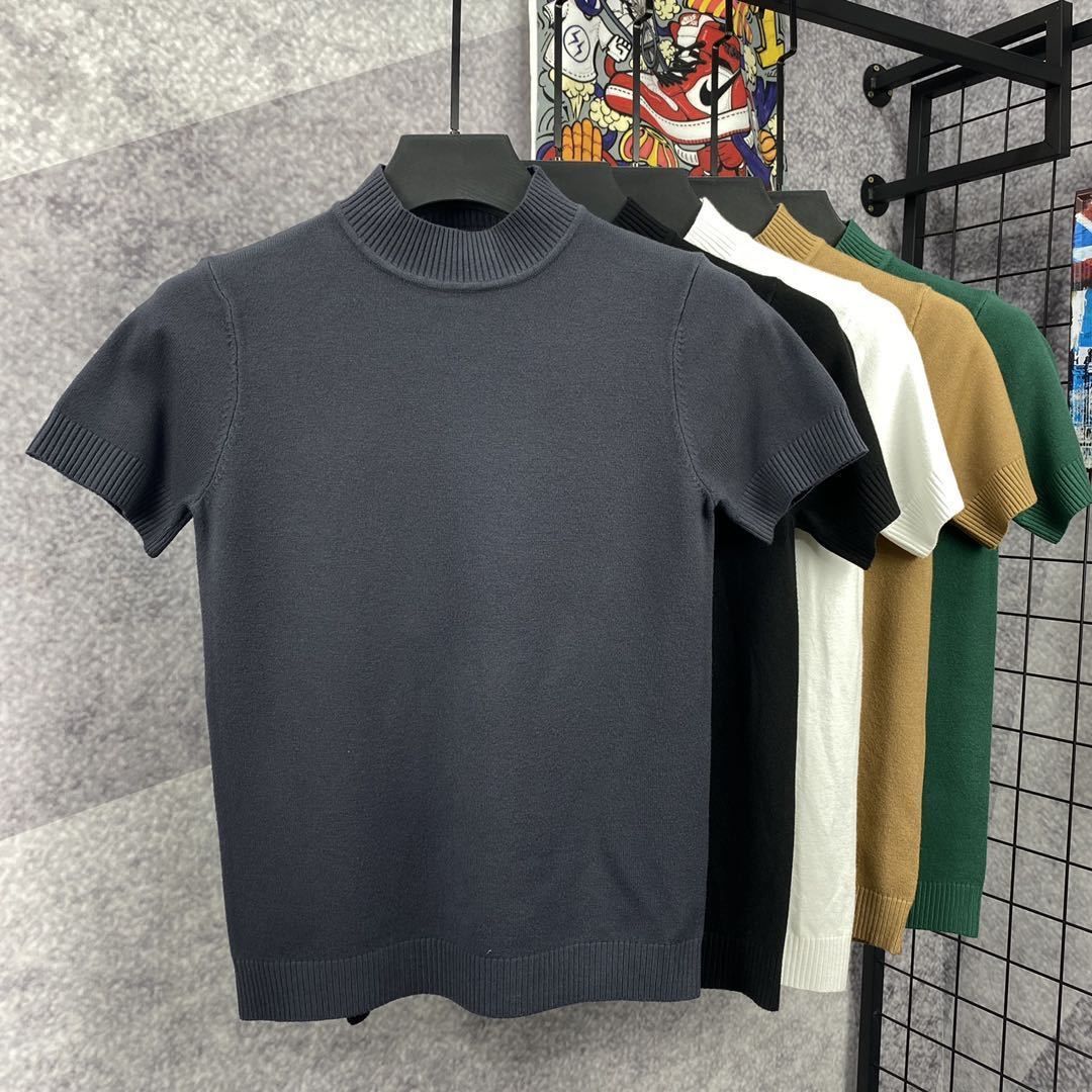 半高领短袖毛衣男纯色修身百搭显瘦青年针织半袖毛线衣冬季圆领潮