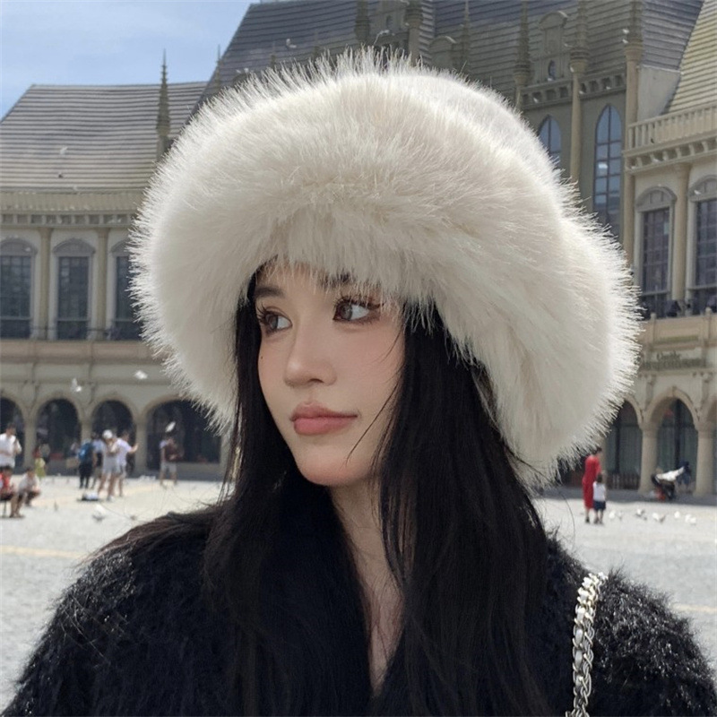 网红韩版毛茸茸帽子女草原风古风帽白色毛绒帽子秋冬时尚渔夫帽