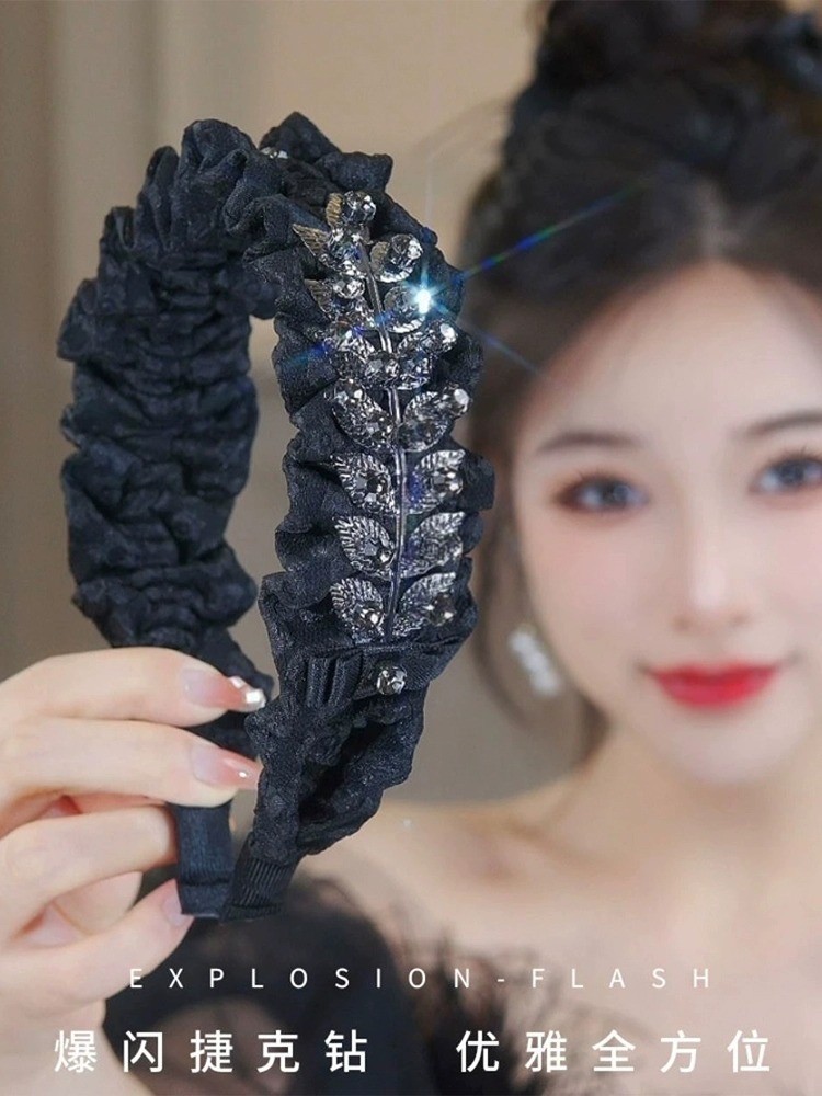 2023新款水钻麦穗褶皱发箍女秋冬高颅顶压发箍高级感碎发发捆头饰