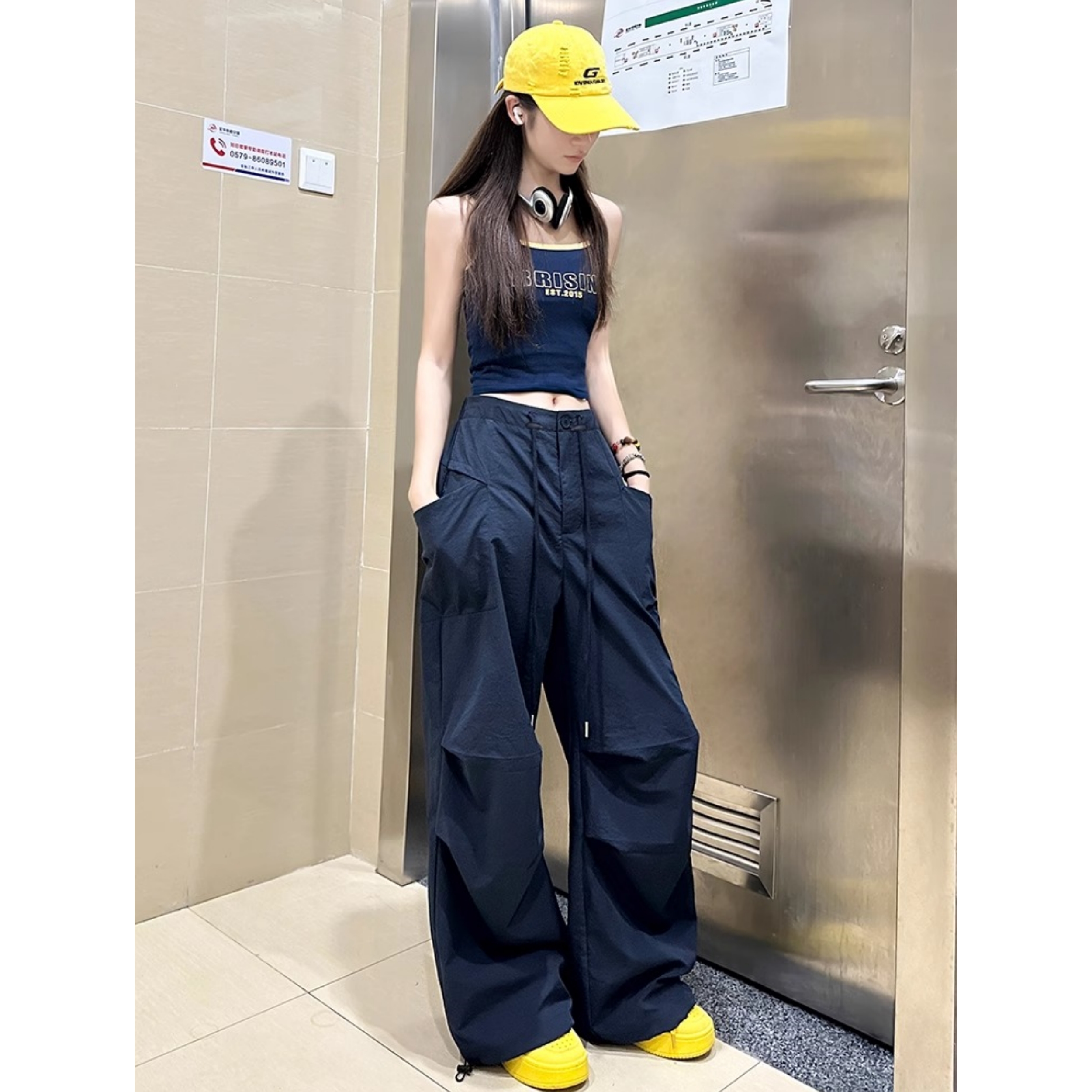 美式辣妹高街运动工装裤女装2025早秋新款高腰显瘦宽松阔腿长裤子