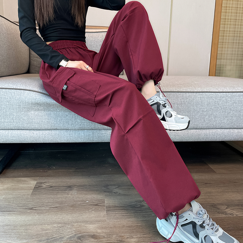 秋款安哥拉红高腰工装裤女宽松阔腿裤甜酷高腰束脚裤休闲运动裤
