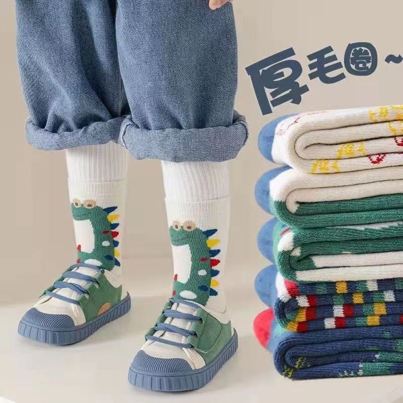 男童袜子秋冬季加绒加厚毛圈袜儿童袜子卡通恐龙中筒保暖袜子潮袜