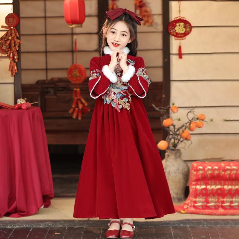 汉服女童唐装拜年服冬季2023新款加厚儿童公主裙秋冬小女孩连衣裙