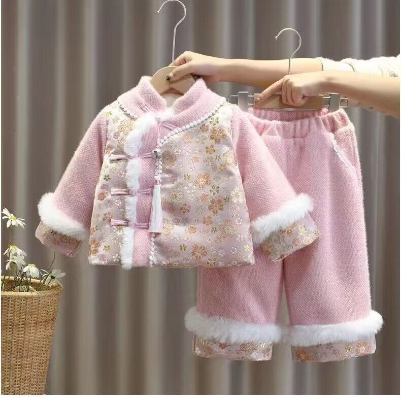 棉袄女童拜年服唐装儿童喜庆新套装宝宝中国风加绒加厚过年汉服冬