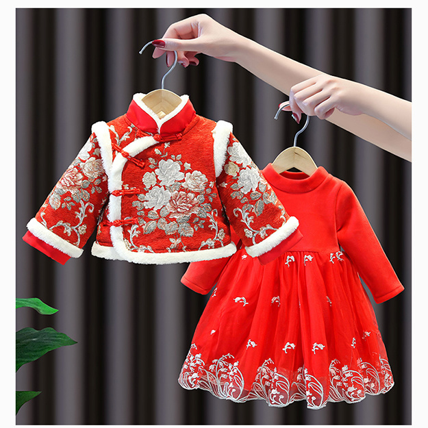 汉服女童冬季唐装加绒加厚套装宝宝中国风周岁礼服小童过年拜年服