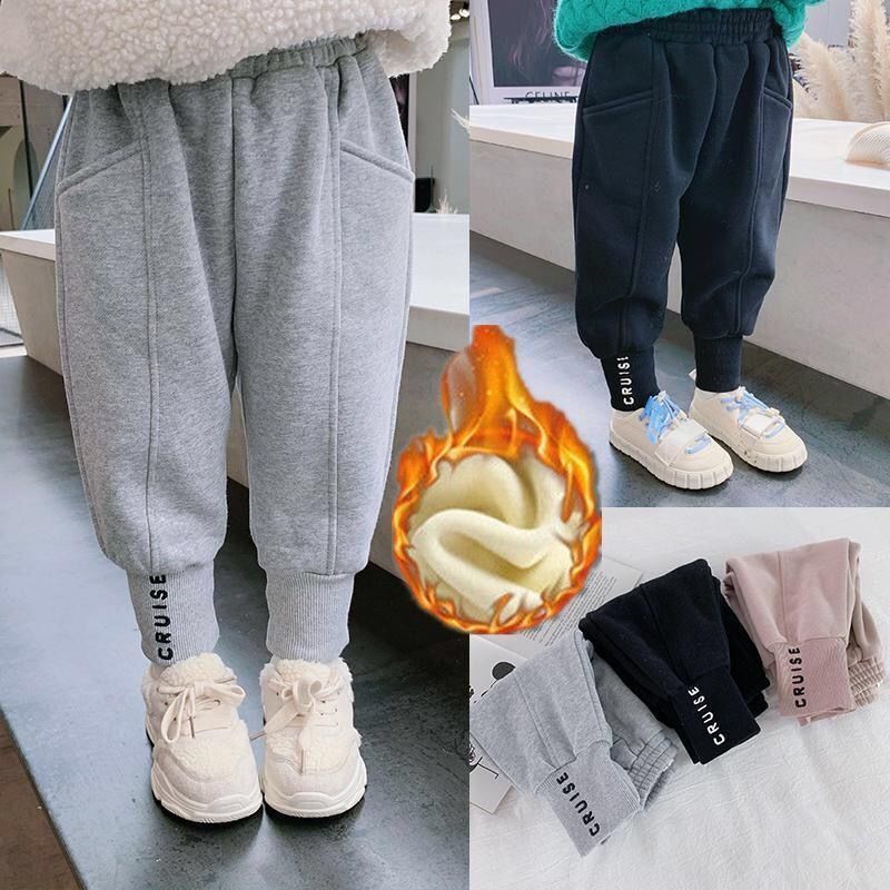 婴儿童潮宝宝加绒裤子2023春秋韩版小童加厚运动裤男女童保暖长裤