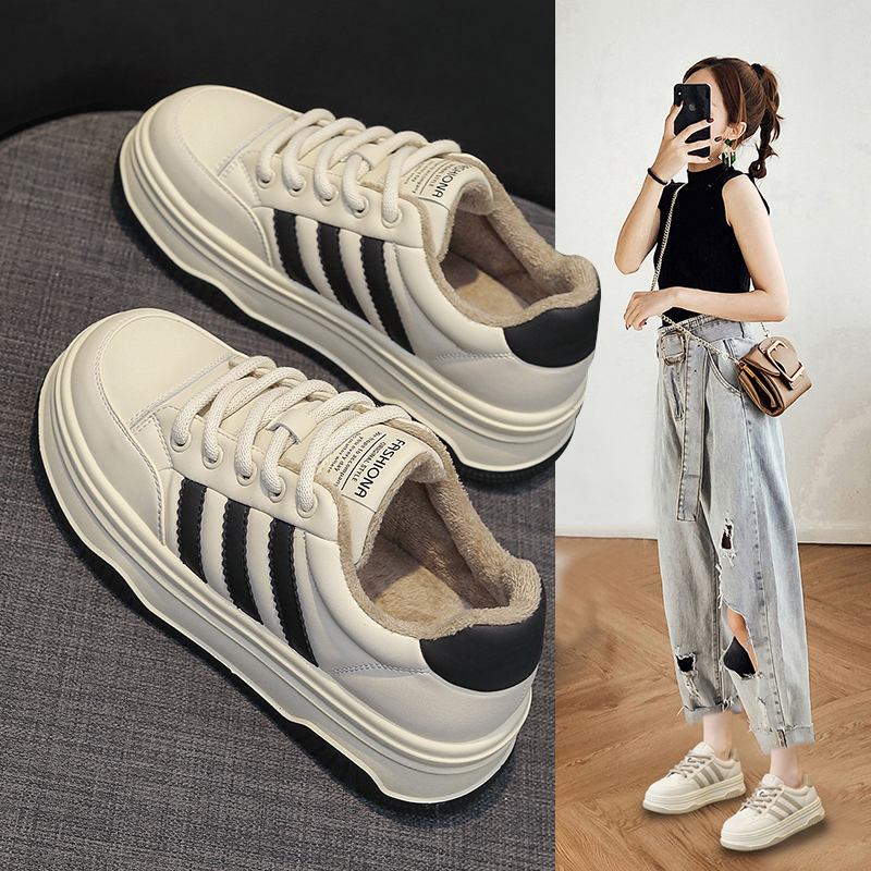 回力潮品加绒小白鞋女2023秋冬新款百搭厚底圆头系带运动休闲板鞋