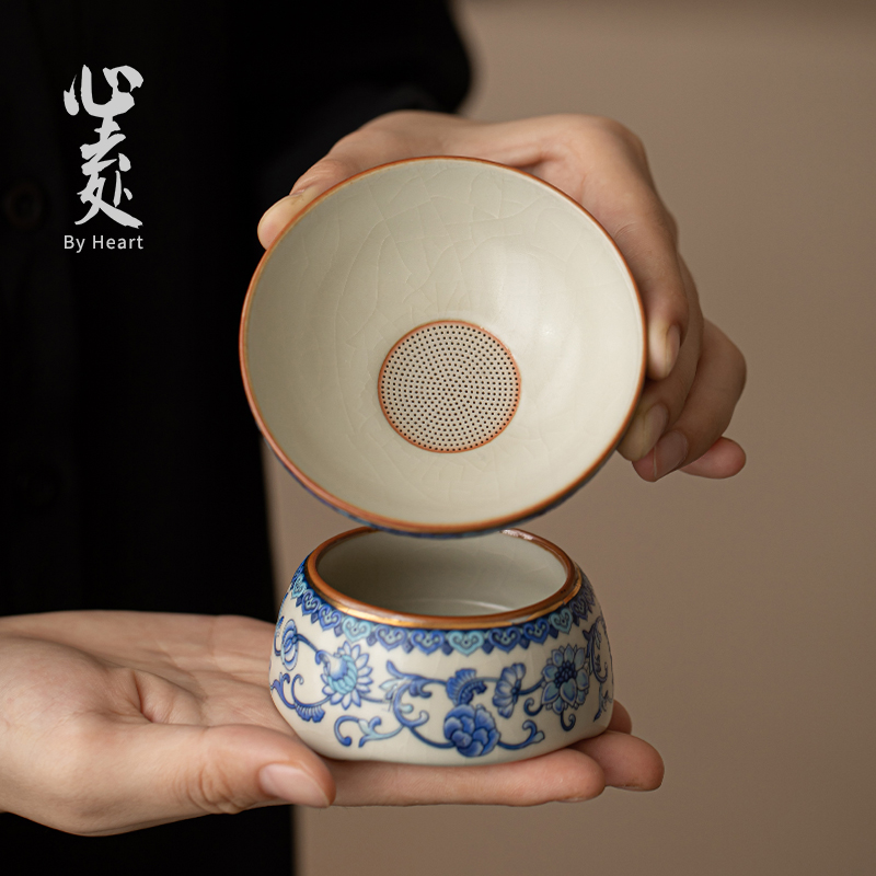 青花汝窑一体陶瓷茶漏茶滤家用茶叶过滤网茶隔泡茶神器茶具配件