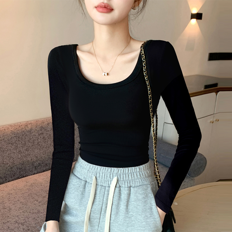 高档纯棉黑色U领打底衫女内搭2024春秋冬低领长袖t恤圆领紧身