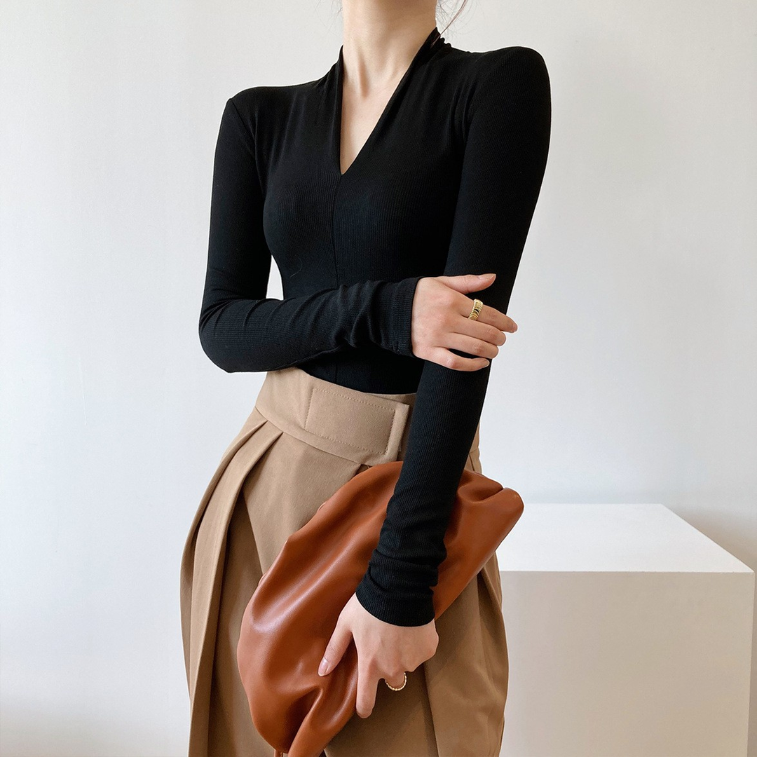 高档黑色v领打底衫女春装2024新款高级感长袖纯色内搭修身t