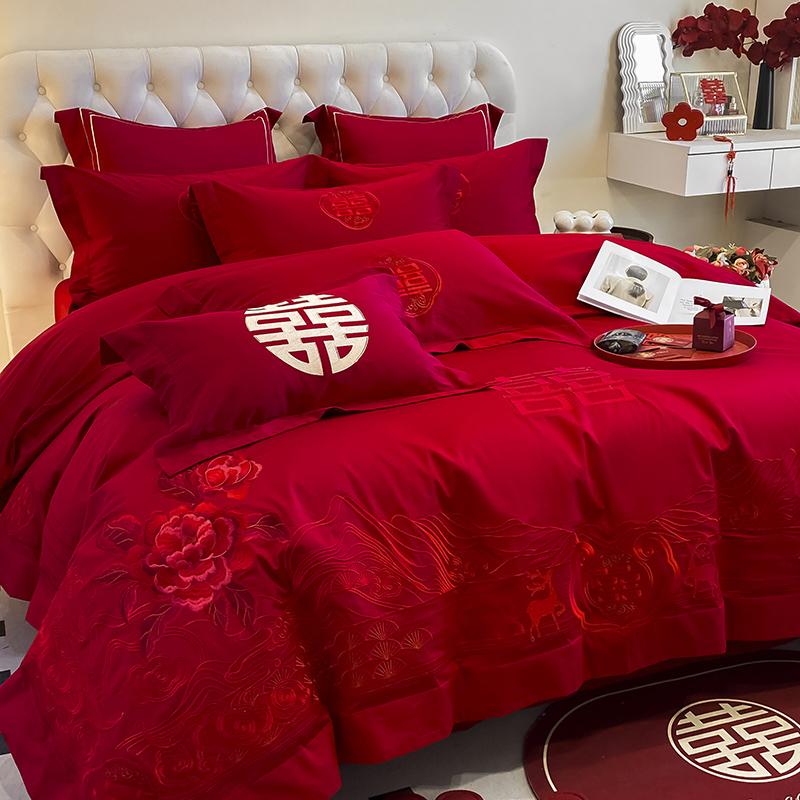 水星适用家纺四件套全棉大红色高档刺绣结婚床上用品婚房陪嫁喜庆