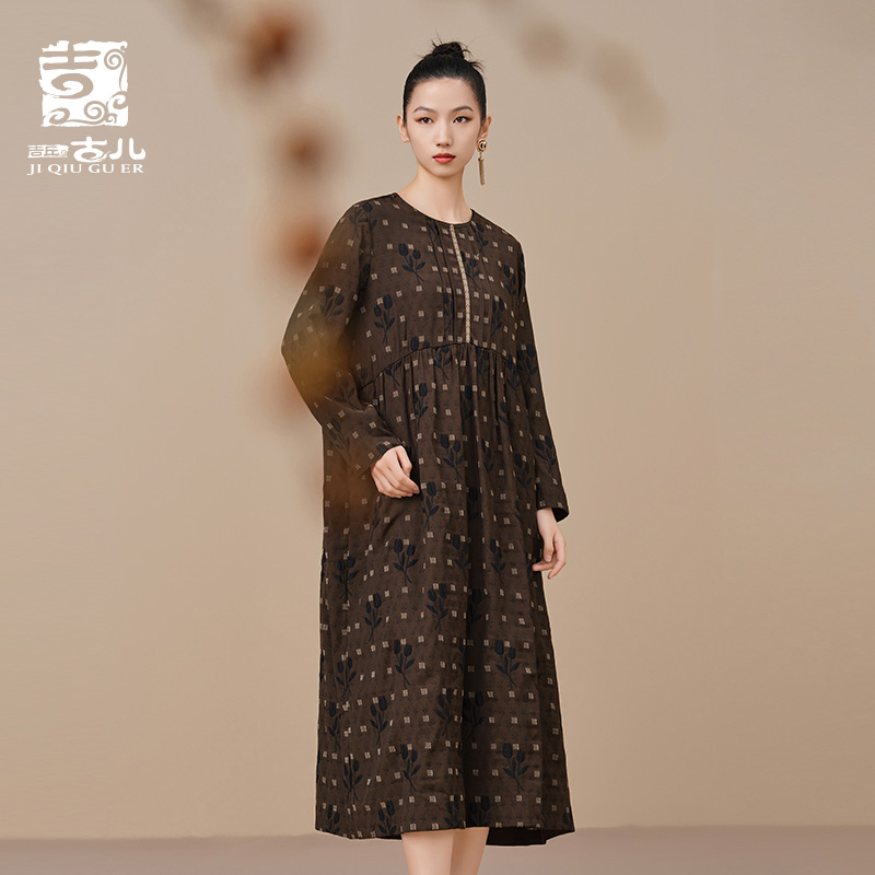 吉丘古儿原创复古提花连衣裙优雅国风剪花设计宽松长裙G231Y066