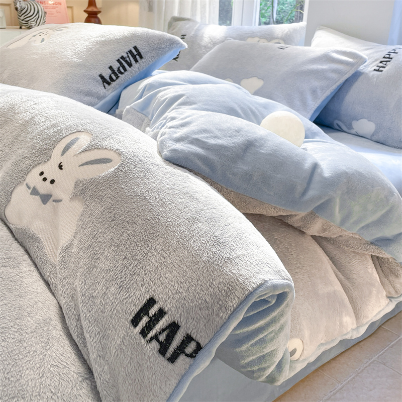 冬季卡通牛奶绒四件套加绒床单被套双面绒法兰绒被罩珊瑚绒三件套