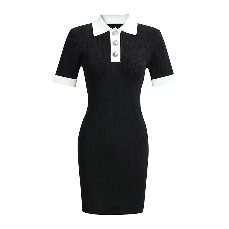 24年夏装新款小香风polo领冰丝针织连衣裙修身包臀高级感中裙