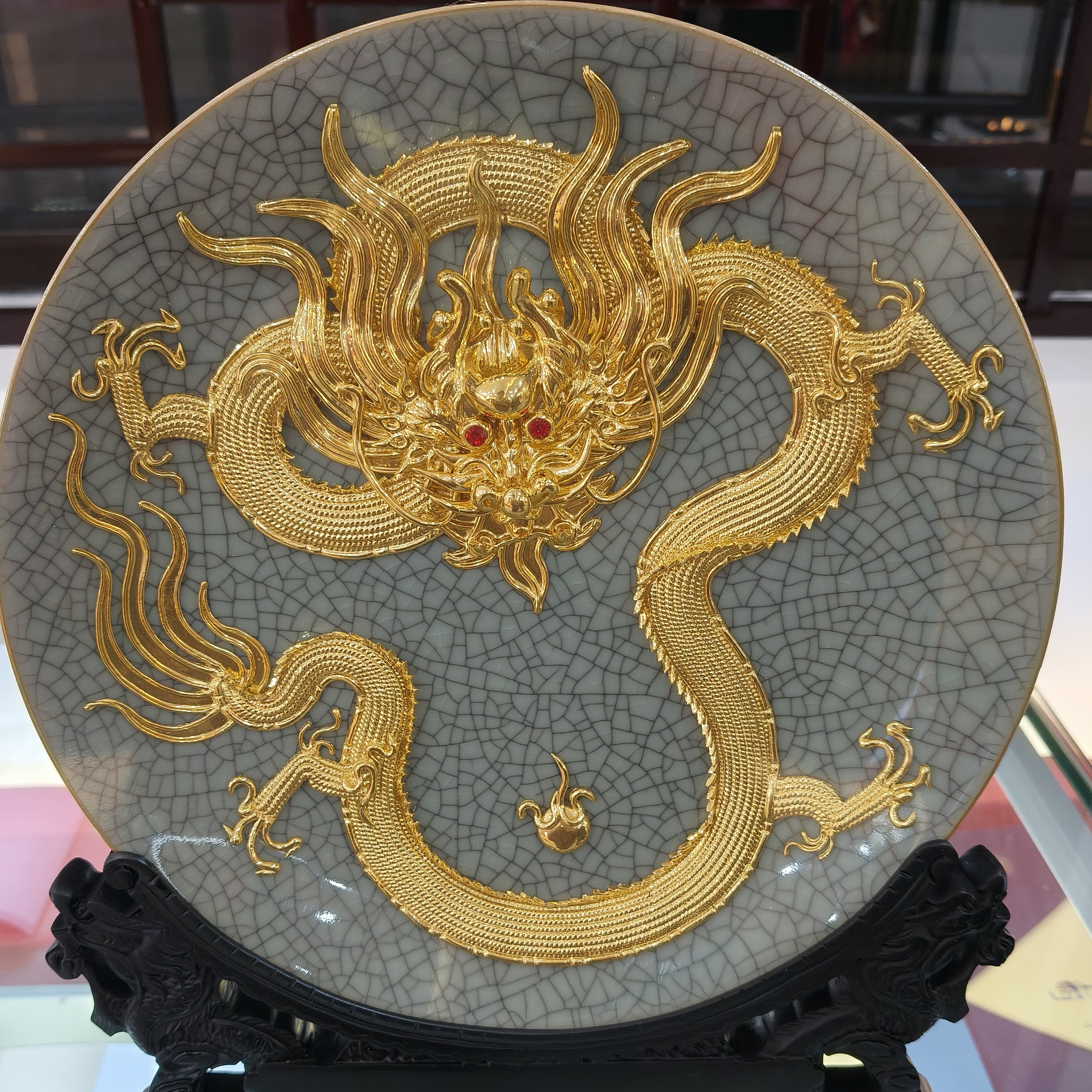 〖金陵金箔〗漆线雕龙盘摆件公司乔迁开业高档工艺品装饰送客户礼物