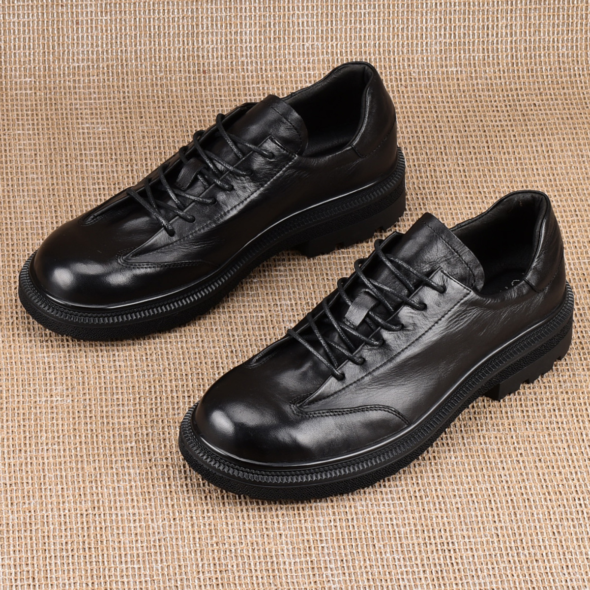 夏季英伦风黑色真皮皮鞋鞋子透气圆头百搭牛皮系带厚底青年单鞋男