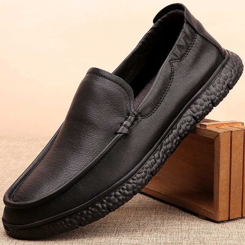 外贸男鞋真皮软底黑色单层皮运动休闲舒适透气轻便一脚蹬豆豆鞋男