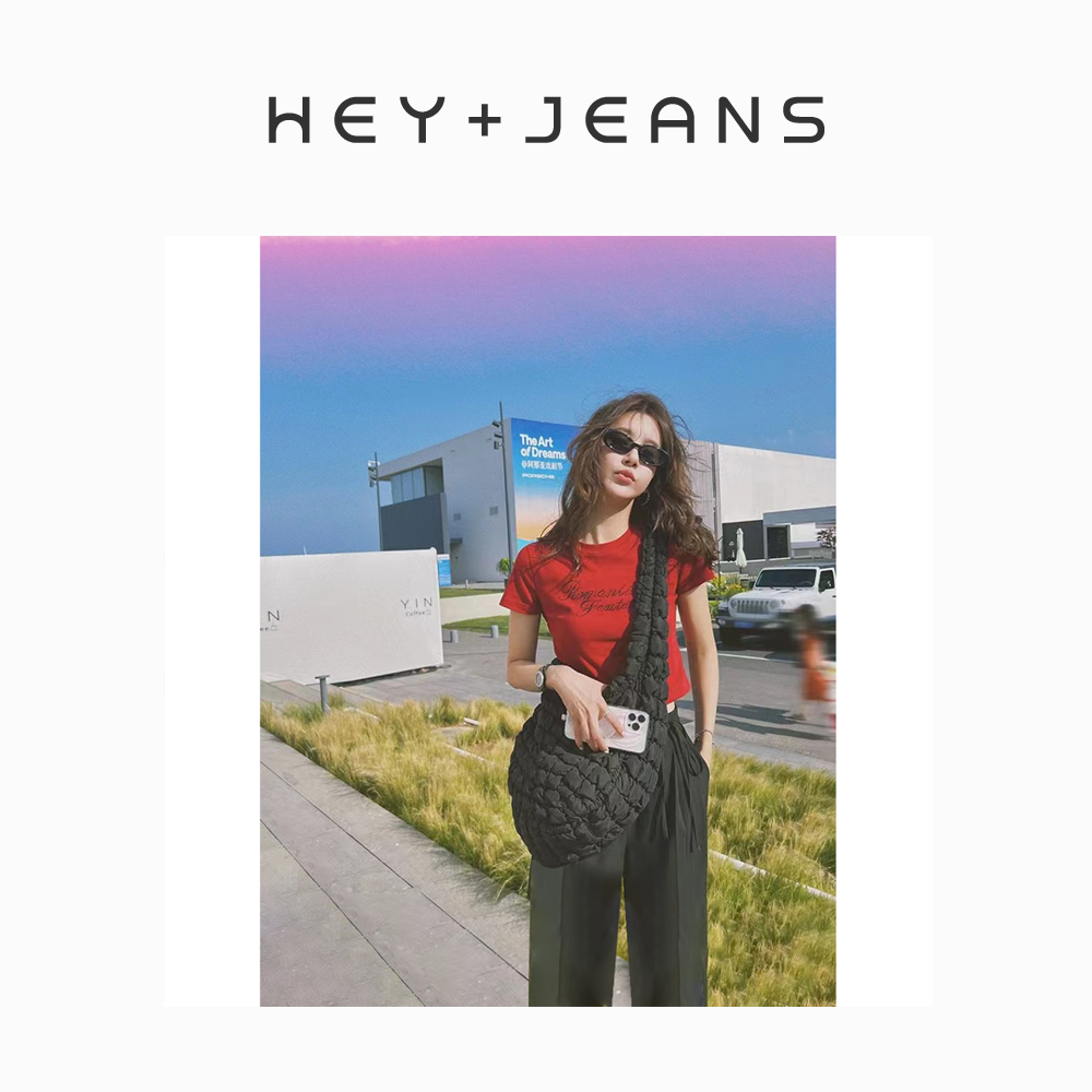 HEY+JEANS 夏季烫钻字母设计多巴胺百搭修身短袖时尚休闲