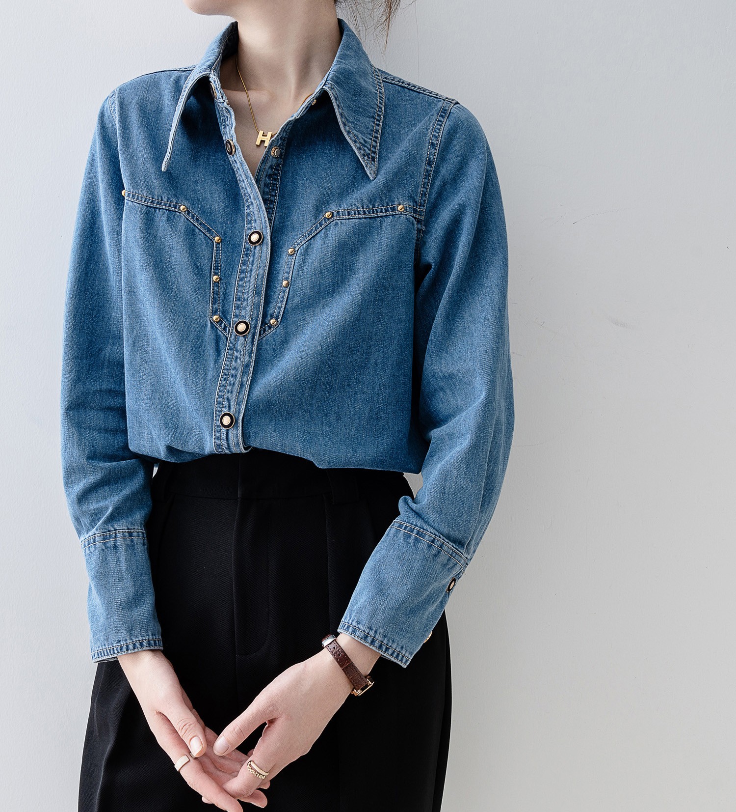 2025新款欧货复古牛仔衬衫女春秋法式宽松衬衣百搭长袖上衣女装