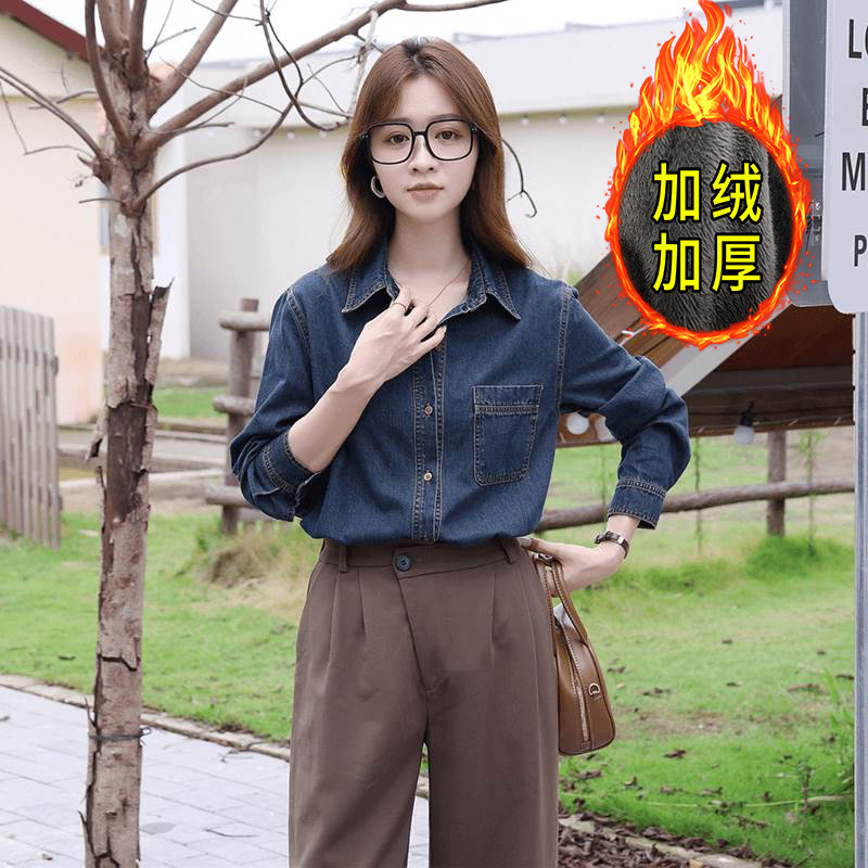 2025秋冬新款爆款休闲加绒牛仔衬衫女流行叠穿衬衣开衫外套上衣