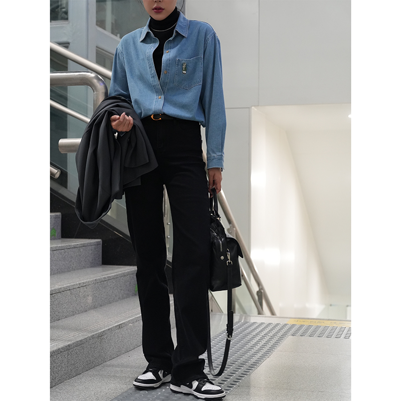 「长腿家」秋新款高腰显瘦显高修身弹力黑色直筒牛仔裤女拖地裤