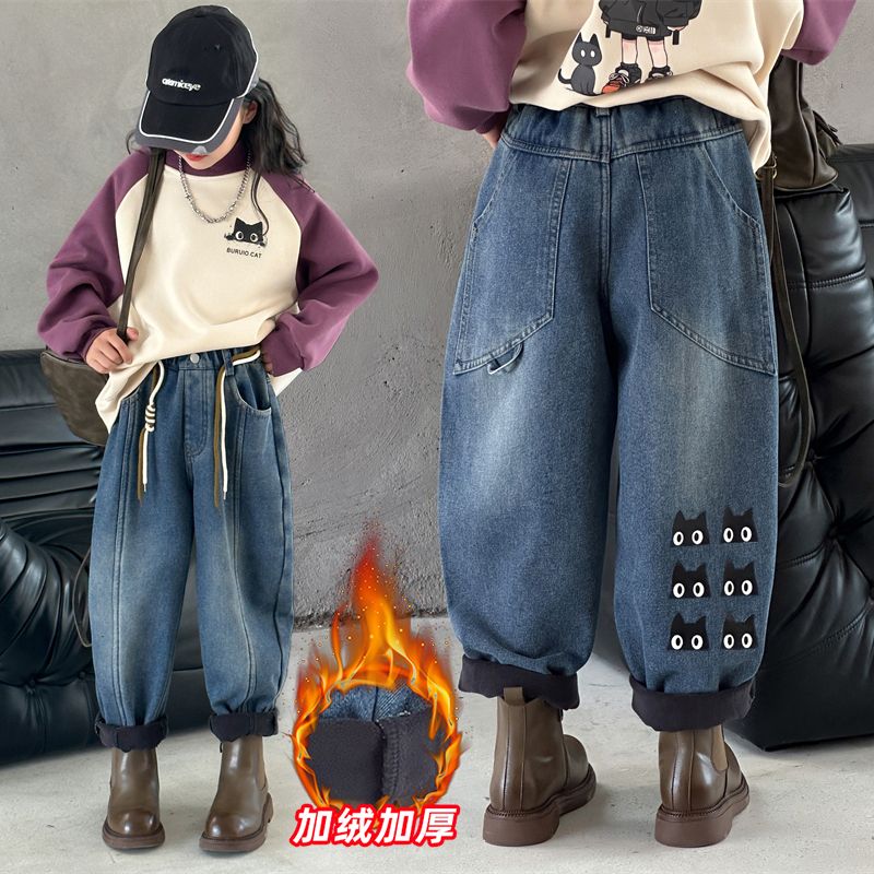 女童加绒卫衣套装2023新款中大童时髦加厚上衣秋冬牛仔裤两件套潮