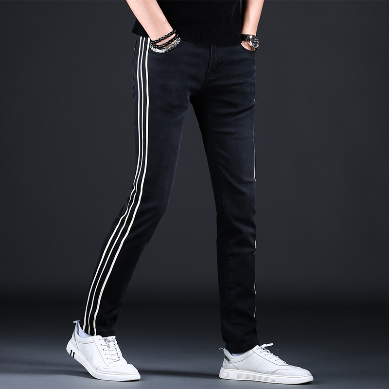 欧货高端黑色条纹牛仔裤男士潮牌2023秋冬修身小脚裤子男休闲百搭
