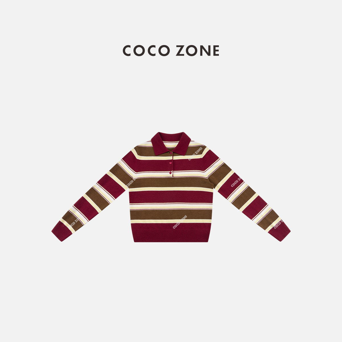COCO ZONE 刘一一 时尚条纹polo领针织衫撞色套头上衣CC1D2455
