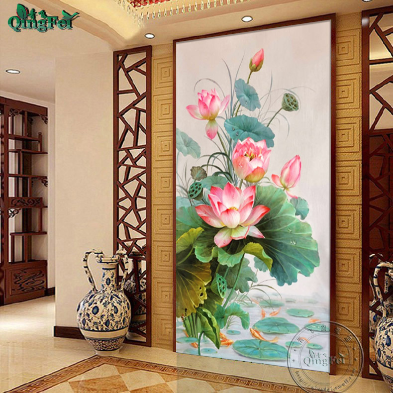 青飞精准印布荷花生莲子十字绣竖版玄关画花开富贵越南柬埔寨棉线