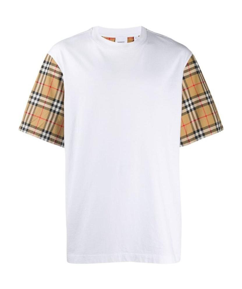全新未使用 BURBERRY/博柏利 白色袖口拼接格纹条纹圆领 短袖 tee
