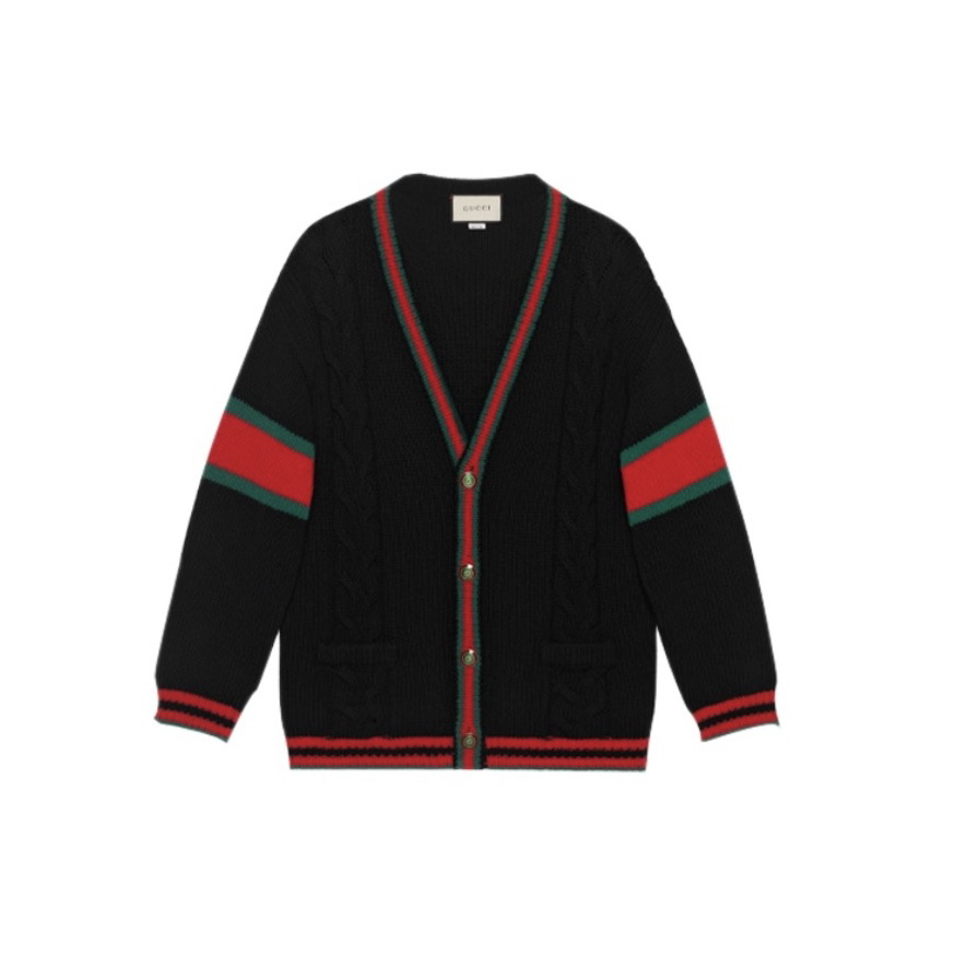 全新未使用 GUCCI/古驰 黑红拼色V领针织羊毛开衫毛衣 男女同款