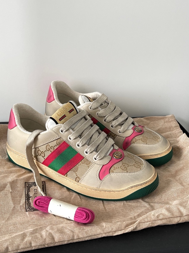 全新未使用 GUCCI/古驰 粉色老花字母logo双G做旧板鞋 小脏鞋女款