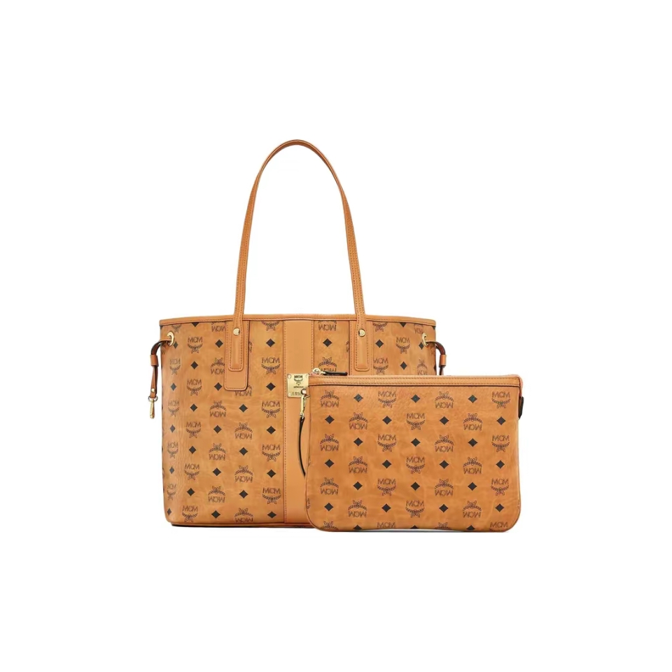 全新未使用 MCM Liz女士棕色满印皮革拼帆布子母托特包购物袋tote