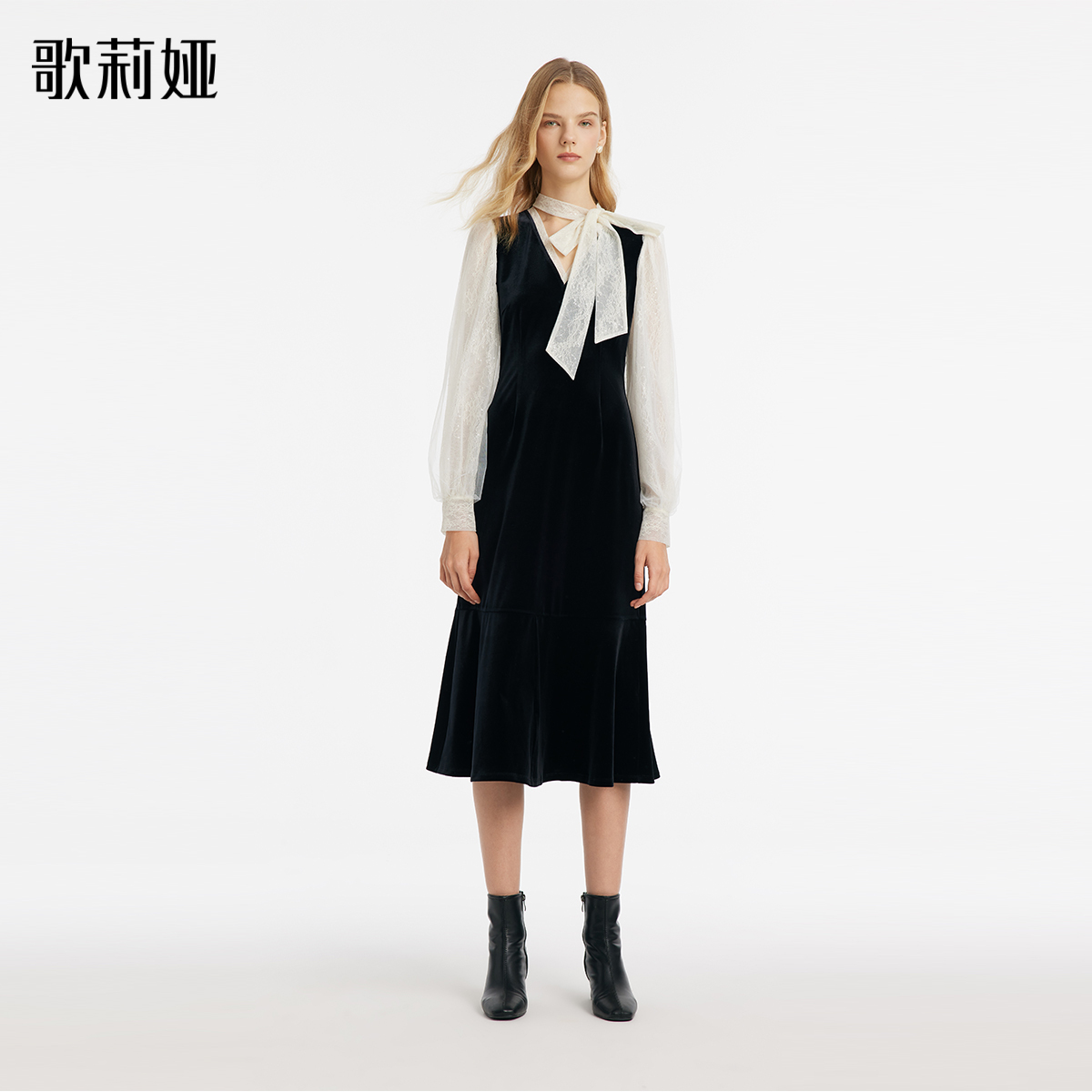 歌莉娅蕾丝拼接丝绒连衣裙1C1R4H470