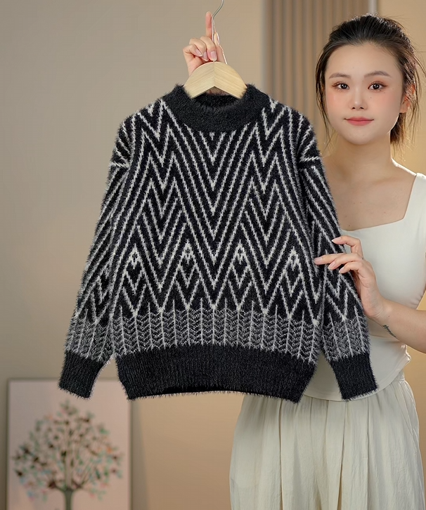 中大童2024仿水貂绒男童加绒加厚洋气针织衫毛衣圆领套头打底衫