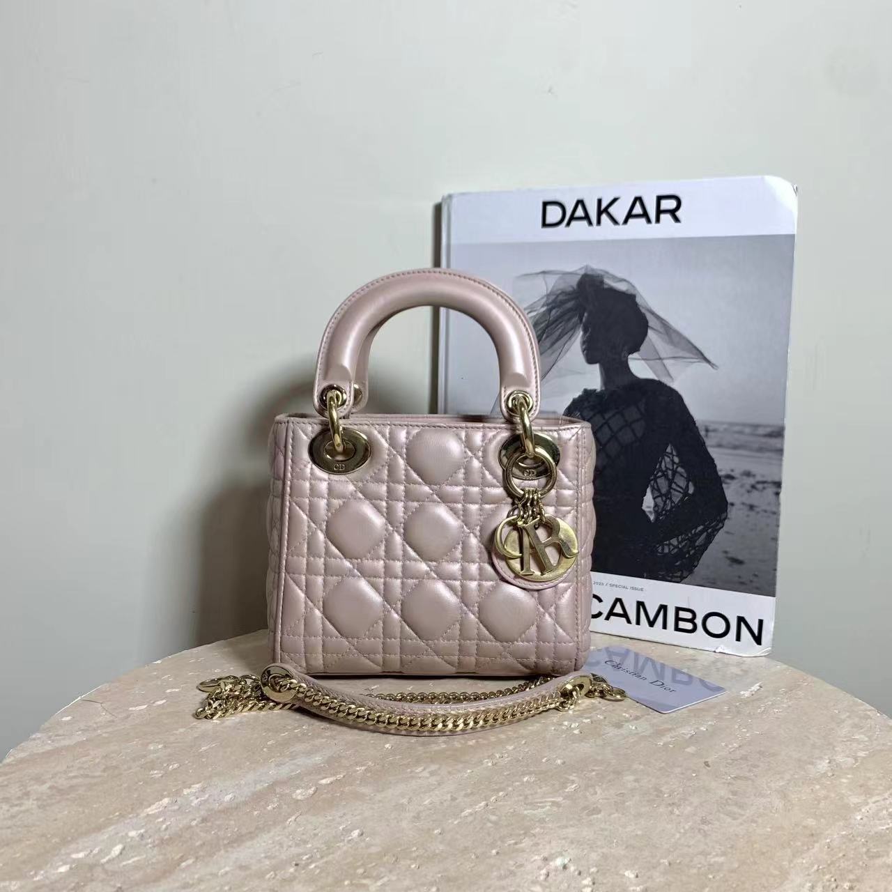 95新 DIOR/迪奥 壹臻中古/珠光粉三格戴妃手提包/45408640