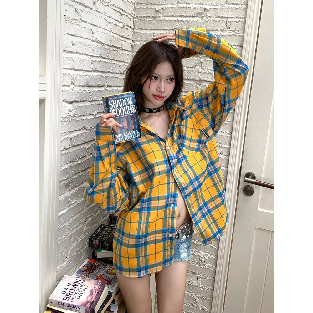 黄色格子长袖衬衫女外搭薄款宽松ins潮牌通勤复古小众防晒小外套