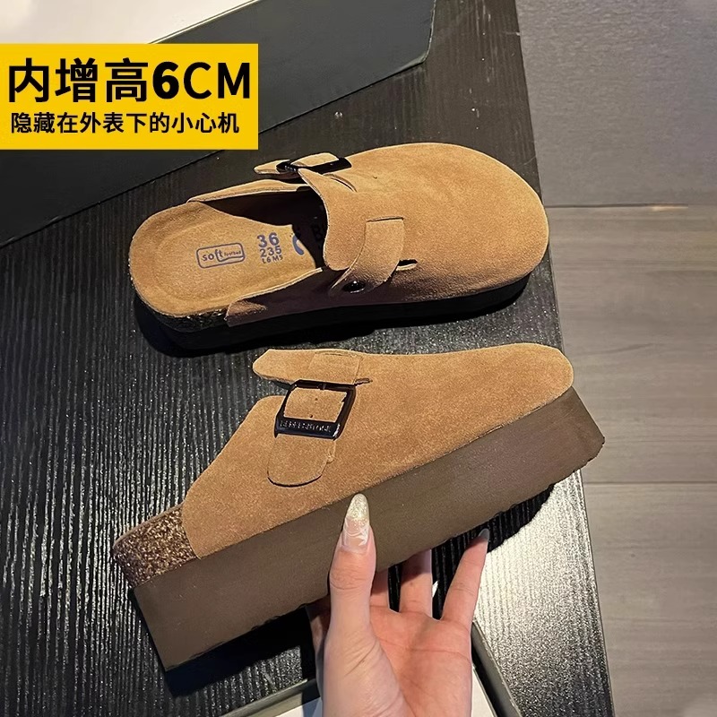 百丽纯爱厚底勃肯鞋女2023秋季新款懒人一脚蹬半拖包头拖外穿内增