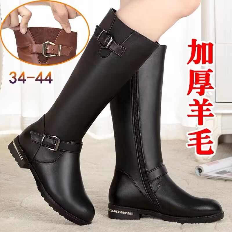 百丽纯爱低跟靴子长筒靴女冬女士粗腿高筒靴真皮中筒靴加绒平跟大