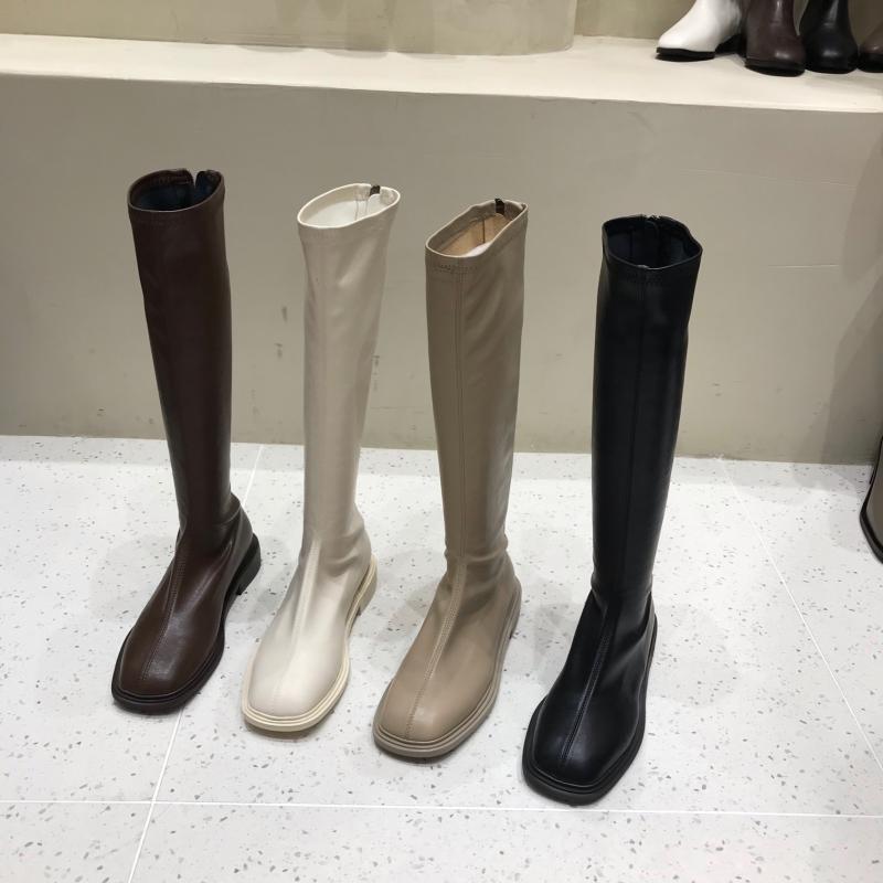 百丽纯爱平底长筒靴女鞋2023年新款薄款卡其色软皮高筒瘦瘦长靴子