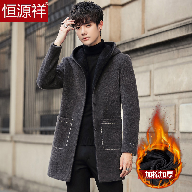 恒源祥秋冬男士中长款毛呢大衣潮流加棉加厚连帽外套青年呢子风衣